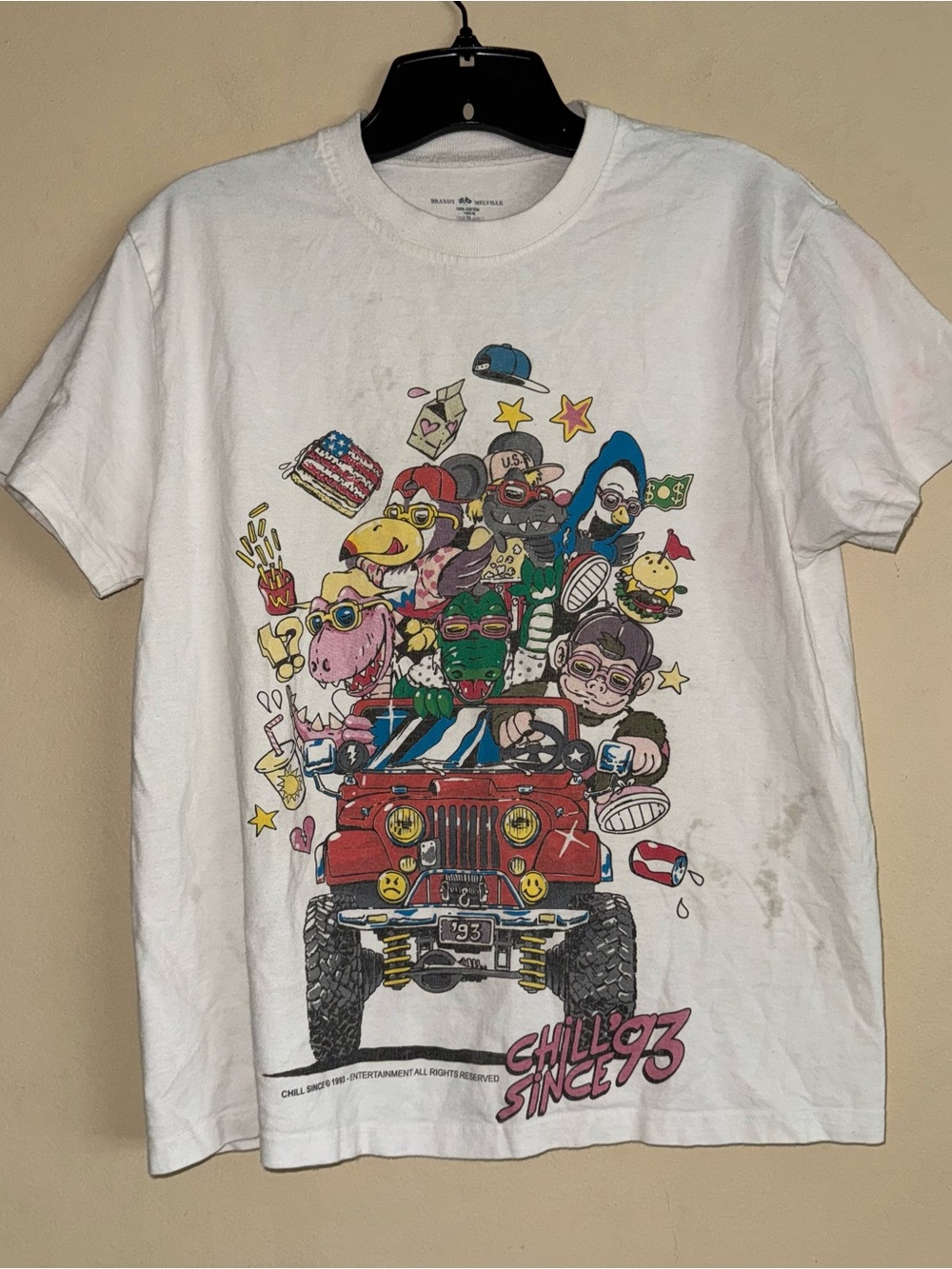 Brandy Melville White Tee Colorful Cartoon Jeep Graphic Chill Since ‘93 One Size